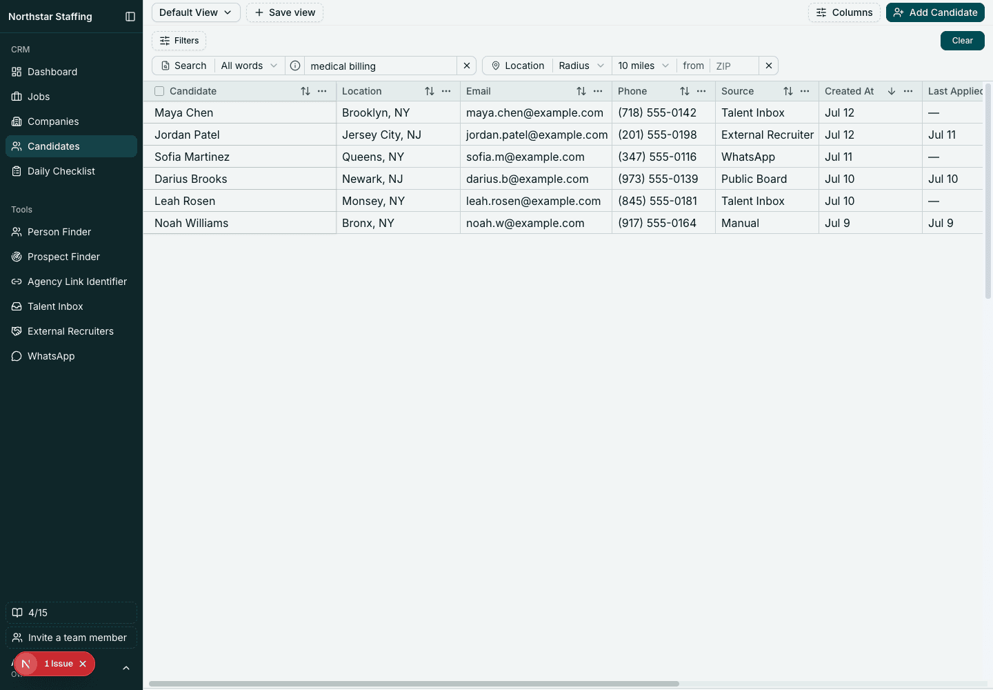 Sanitized RecruitIQ candidate database filtered by resume content and location