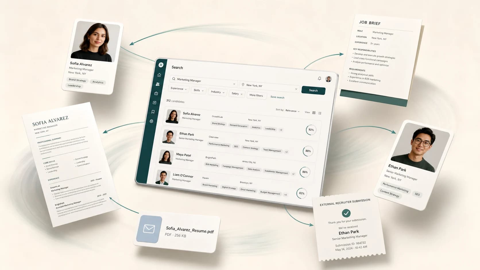 RecruitIQ candidate search connecting resumes, job briefs, profiles, and attributed submissions