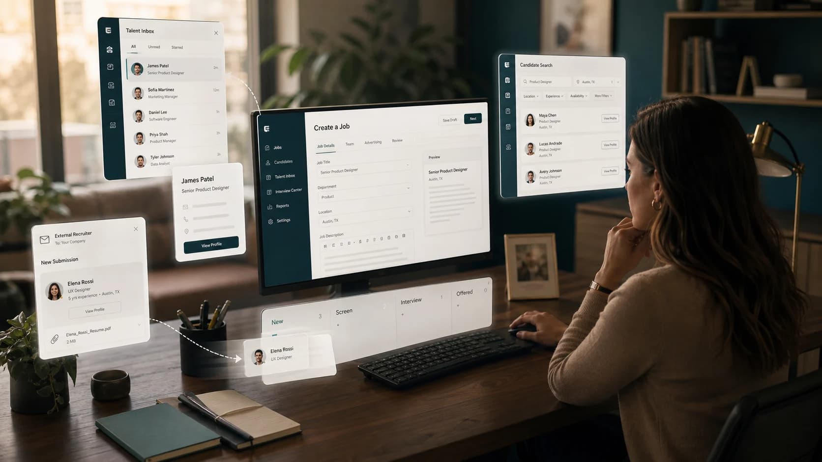 A recruiter working across Talent Inbox, job creation, candidate search, and partner submissions