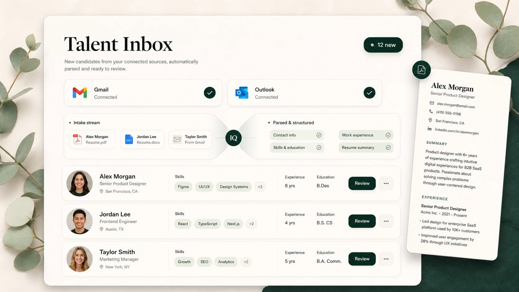 RecruitIQ Talent Inbox workspace organizing connected email sources into structured candidate records