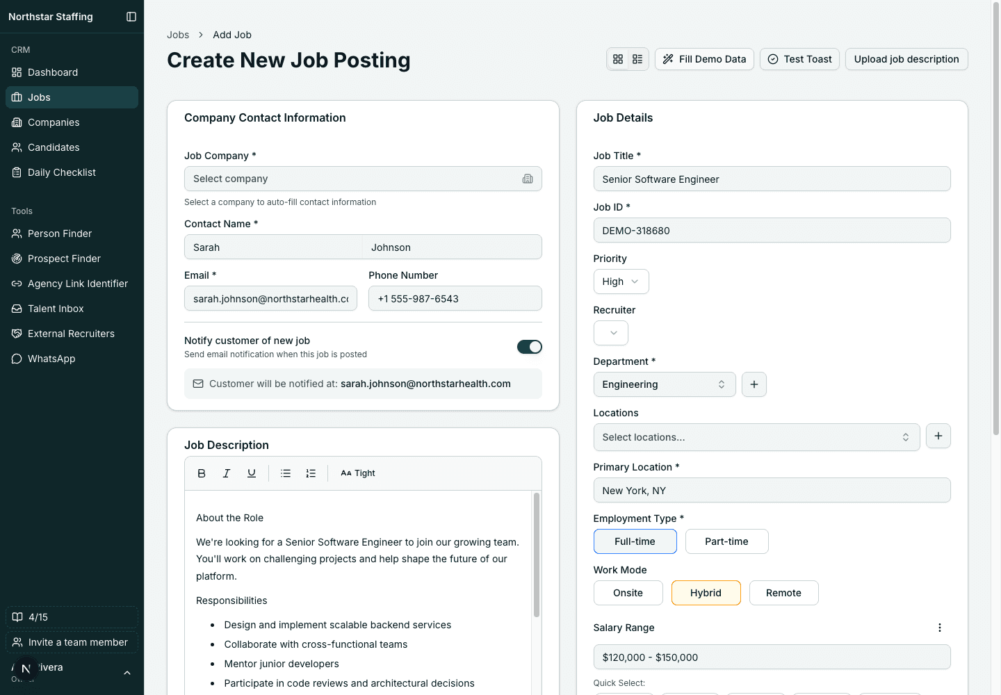 Sanitized RecruitIQ job workspace populated from a job description