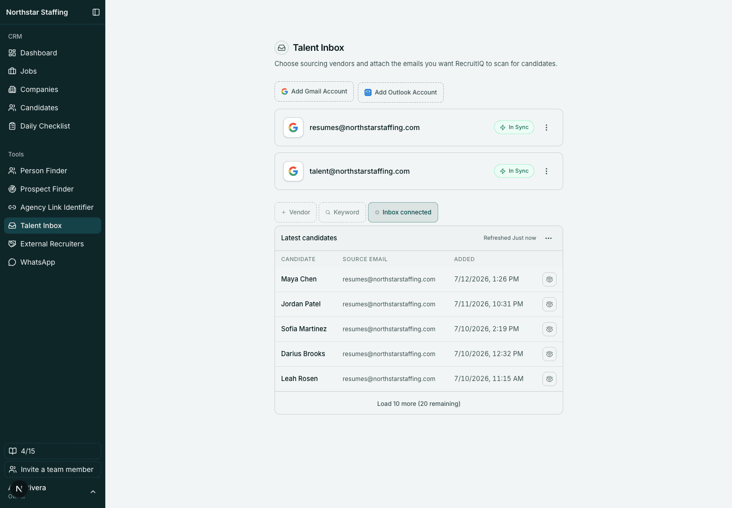 Sanitized RecruitIQ Talent Inbox showing connected accounts and newly added candidates